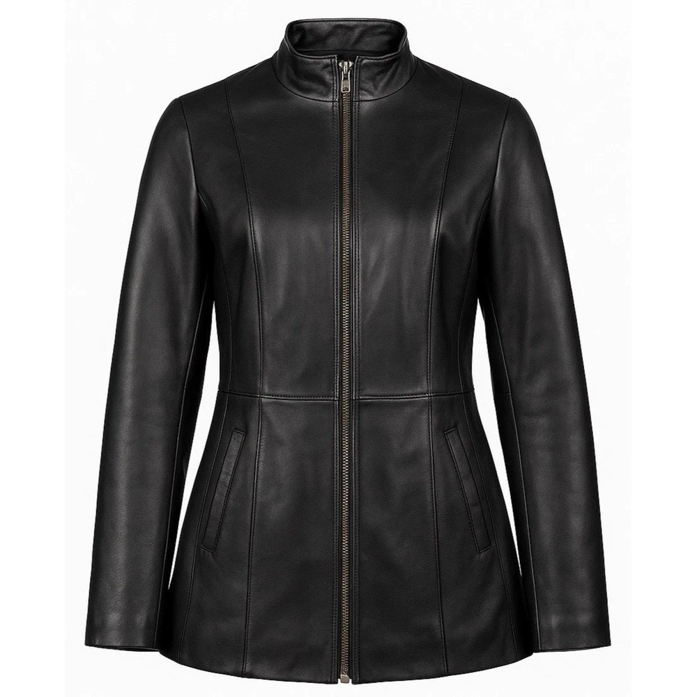 Overland Leather Jacket Women Mock Neck Full Zip XS Black Minimalist Classic